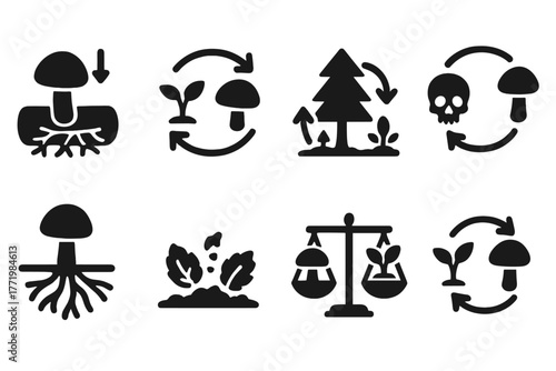 Fungal Ecosystem Icons. Solid style icons of fungal role in life cycle: Decay Arrow, Nutrient Recycling Symbol, Forest Renewal,