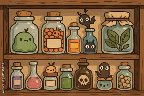 Whimsical Apothecary Shelf. Cartoon apothecary shelf lined with jars, bottles, and tiny doodle creatures peeking out