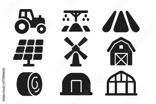 Sustainable Farming Icons. Solid style icons of Sustainable Farming: Tractor, Irrigation System, Crop Rows, Solar Panel, Windmill,