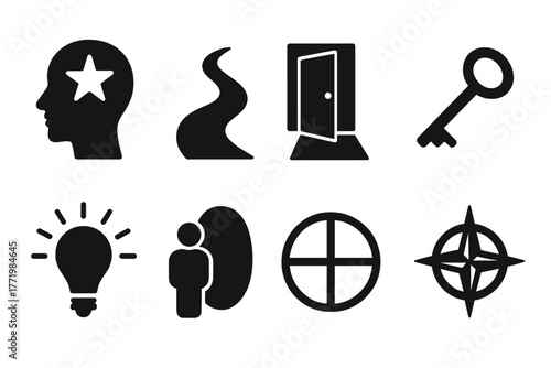 Visualization Icons Collection. Solid style icons of Visualization Exercises: Imagination, Path, Doorway, Key, Light, Shadow,