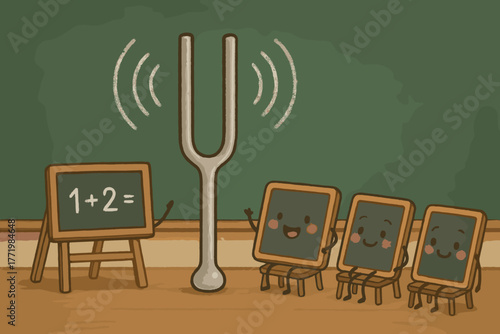 Happy Classroom Vibrations. Adorable classroom scene with tuning fork, tiny doodle chalkboards, and happy students listening