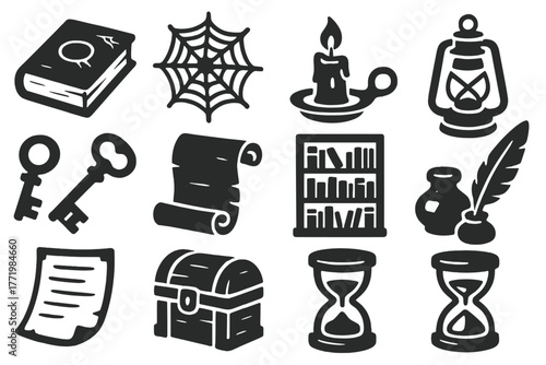 Abandoned Library Icons. Solid style icons of Abandoned Library Scenes: Dusty Tome, Cobweb, Candle, Lantern, Ancient Key, Scroll,