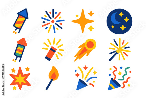 Colorful Firework Icons. Flat vector icons of Firework Show: rocket, burst, sparkle, night sky, aerial shell, flare, comet,