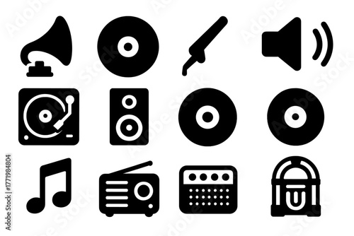 Retro Music Icons. Solid style icons of Gramophone: Horn, Record, Needle, Sound, Turntable, Speaker, Vinyl, Music Note, Retro