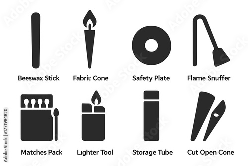 Ear Candling Tools Icons. Solid style icons of ear candling tools: Beeswax Stick, Fabric Cone, Safety Plate, Flame Snuffer,