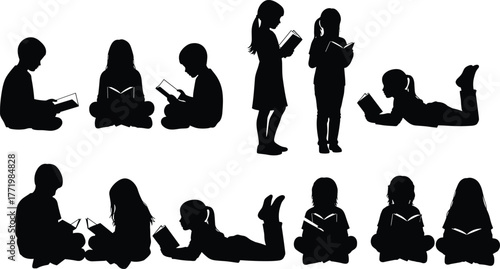 Children reading silhouette set, educational vector illustration, diverse reading poses, black isolated kids with books, learning and literacy themed artwork
