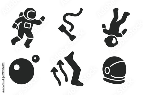Zero Gravity Icons. Solid style icons of zero gravity environment: Floating Astronaut, Tether Line, Weightless Tool, Upside-Down