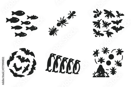 Animal Swarming Icons. Solid style icons of animal swarming behaviors: School of Fish, Ant Trail, Bee Swarm, Locust Cloud, Bat