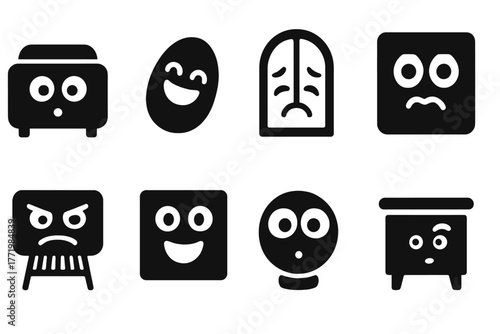 Emotional Pareidolia Icons. Solid style icons of emotional pareidolia reactions: Surprised Glance, Laughing Object, Sad Window,