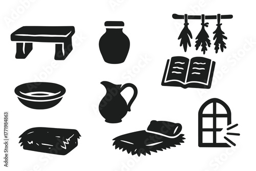 Historical Medical Icons. Solid style icons of historical medical setting: Stone Table, Clay Jar, Open Grimoire, Hanging Herbs,