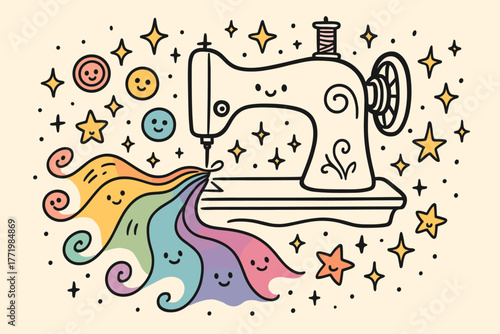 Rainbow Sewing Magic. Magical doodle vector design of a sewing machine stitching a rainbow trail of smiling fabrics, buttons, and