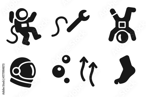 Zero Gravity Icons. Solid style icons of zero gravity environment: Floating Astronaut, Tether Line, Weightless Tool, Upside-Down