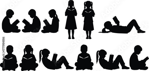Children reading silhouette collection, educational vector poses, black isolated kids with books, literacy and learning themed artwork, school study illustration