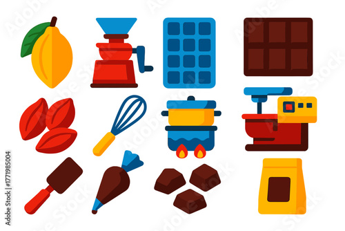 Chocolate Process Icons. Flat vector icons of Chocolate Making Process: cocoa pod, grinder, mold, chocolate bar, cacao beans,