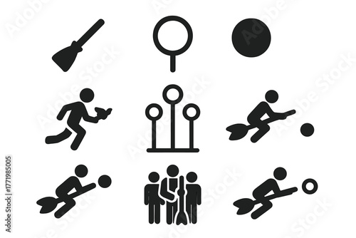 Imaginative Sport Icons. Solid style icons of Imaginative Sport: Broomstick, Hoop, Bludger, Snitch Runner, Goal Post, Player, Team