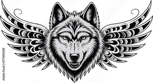 Fantasy wolf head with ornate wings vector, mythical animal emblem design, fierce expression, symmetrical layout, tribal tattoo style for merchandise and branding