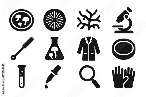 Fungal Cultivation Icons. Solid style icons of Fungal Cultivation: Petri Dish, Spore Print, Mycelium, Microscope, Inoculation Loop