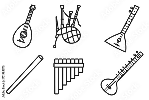 Folk Instruments Icons. Line style icons of folk instruments: lute, bagpipes, balalaika, didgeridoo, pan flute, sitar. No text, No