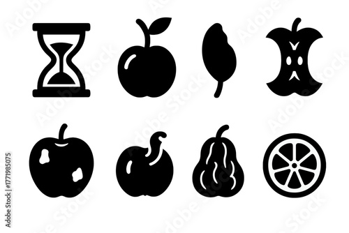 Fruit Symbolism Icons. Solid style icons of fruit symbolism in art: Time Passing Hourglass, Ripening Fruit, Fading Petal, Split