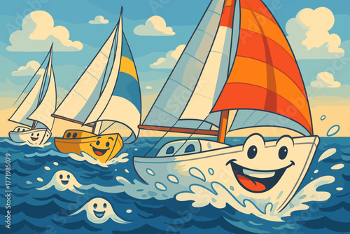 Joyful Yacht Regatta. Playful regatta scene with grinning yachts racing, splashing waves forming tiny happy faces