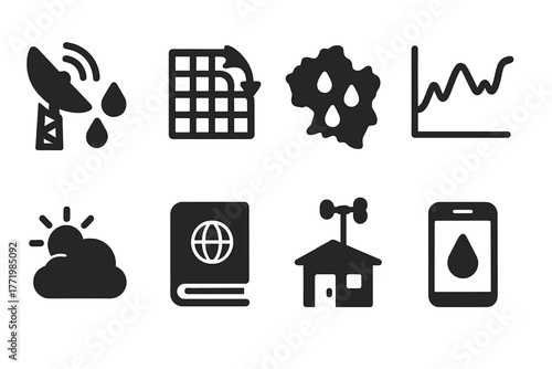 Climate Monitoring Icons. Solid style icons of climate monitoring: Rainfall Radar, Data Model Grid, Precipitation Map, Anomaly