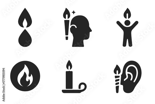 Ear Candling Icons. Solid style icons of ear candling symbolism: Flame of Clarity, Inner Cleanse, Energy Release, Calm Spiral,