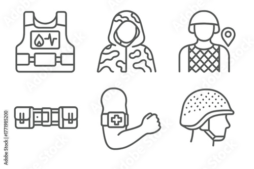Military Smart Textiles Icons. Line style icons of Military Smart Textiles: ballistic heat monitor vest, camouflage shift cloak,