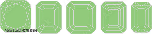 Green gemstone vector set with white outlines, radiant and emerald cuts in rectangular and square shapes for jewelry, gemology, and design use