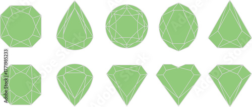 Green gemstone vector set with white outlines, stylized gem cuts including heart, pear, oval, emerald, cushion, and round shapes for jewelry design