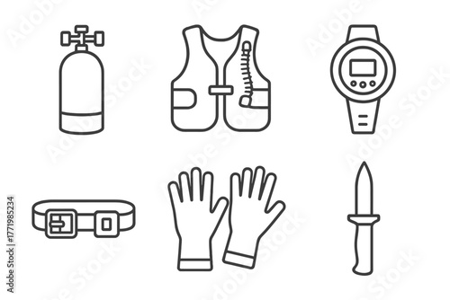 Diving Gear Icons. Line style icons of diving gear: oxygen tank, buoyancy control device, dive computer, weight belt, gloves, dive
