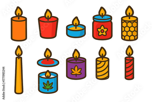 Vibrant Candle Icons. Flat vector icons of Candle Types: pillar candle, votive candle, tealight, jar candle, taper candle,