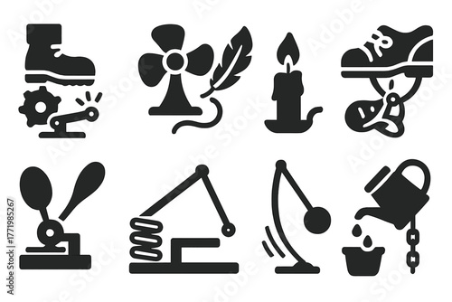 Complex Task Icons. Solid style icons of overly complex task solutions: Boot Kick Mechanism, Fan-Blown Feather, Candle-Lit Fuse,