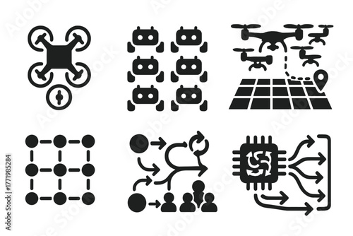 Robotic Swarm Icons. Solid style icons of robotic swarm analogs: Drone Group Formation, Ground Robot Pattern, Aerial Mapping Swarm