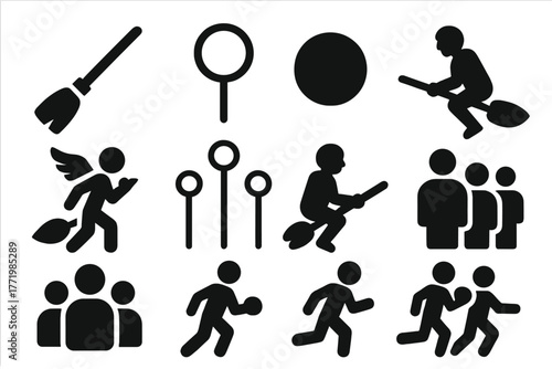 Fantasy Sport Icons. Solid style icons of Fantasy Sport Adaptation: Broomstick, Hoop, Bludger, Snitch Runner, Goal Post, Player,