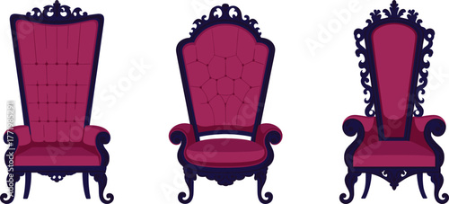 Luxury antique chair vector set with maroon upholstery, ornate carved frames, regal high-back furniture for royalty, vintage interiors, and classical decor