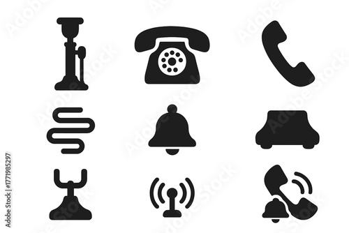 Vintage Telephone Icons. Solid style icons of Quirky Telephones: Candlestick, Rotary Dial, Handset, Cord, Bell, Base, Receiver