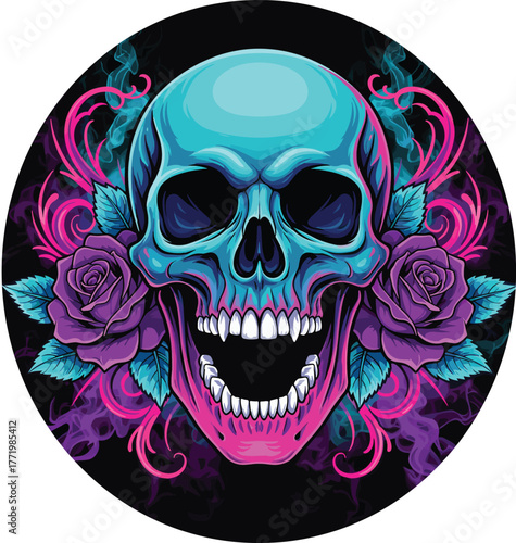Neon skull with roses, vibrant turquoise and purple illustration, dark floral tattoo style, dramatic flame smoke vector, gothic Halloween artwork