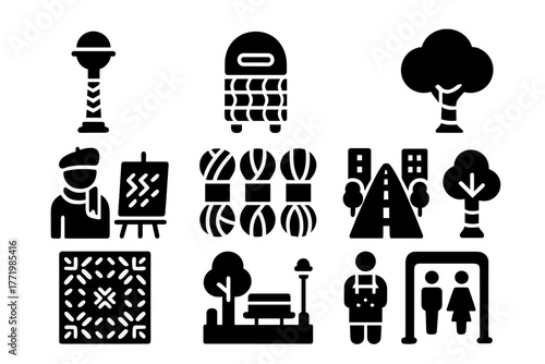 Urban Yarn Art. Solid style icons of Urban Yarn Decoration: Yarn Bombing, Knitted Cover, Tree, Postbox, Guerrilla Art, Colorful