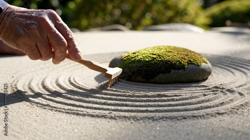 Serene Hand Raking Zen Garden Sand in Peaceful Close-Up.