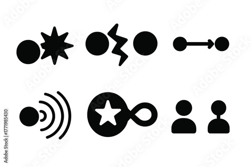 Spooky Action Icons. Solid style icons of spooky action at a distance: Particle Flash, Instant Response Line, Twin Signal Arrows,