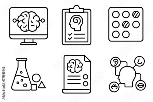 Synesthesia Research Icons. Line style icons of Awareness and Research of Synesthesia: brain scan icon, psychology report,