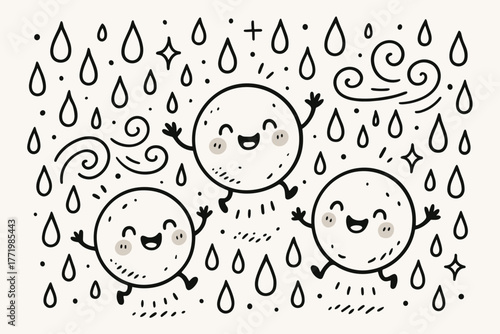 Happy Hailstorm Doodle. Charming doodle vector composition of friendly hailstones bouncing with happy faces, surrounded by sparkly