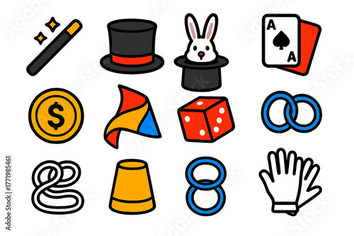 Magic Trick Icons. Flat vector icons of Magic Tricks: wand, hat, rabbit, playing cards, coin, scarf, magic box, dice, rope, cup,