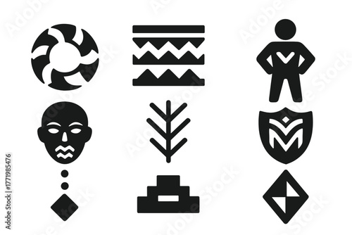 Cultural Identity Icons. Solid style icons of Judo: Gi, Throw, Mat, Belt, Grip, Tatami, Groundwork, Judogi, No text, No labels,