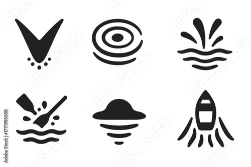 Water Pattern Icons. Solid style icons of water trail patterns: V-Shape Wake, Circular Ripple, Winding Stream, Forward Splash,