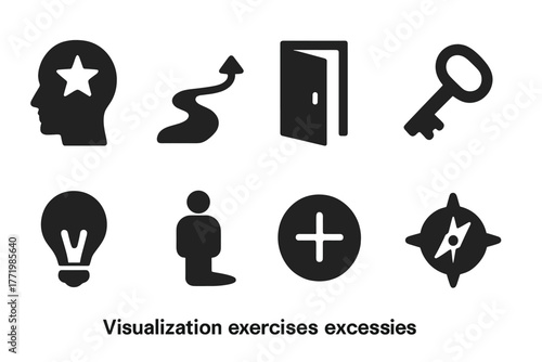 Visualization Icons Collection. Solid style icons of Visualization Exercises: Imagination, Path, Doorway, Key, Light, Shadow,