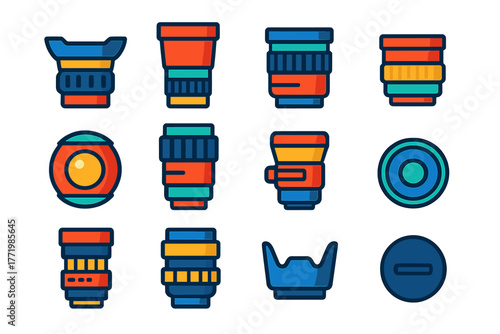 Colorful Camera Lens Icons. Flat vector icons of camera lenses: wide-angle lens, telephoto lens, zoom lens, prime lens, fisheye