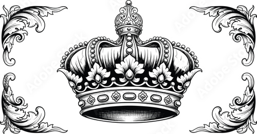 Royal crown vector illustration with decorative corner flourishes, ornate regal design featuring jewels, floral motifs, classical luxury element, authority and royalty symbol