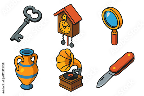Vintage Collectible Icons. Isometric vector illustration set Historic Collectibles: old iron key, cuckoo clock, brass magnifying