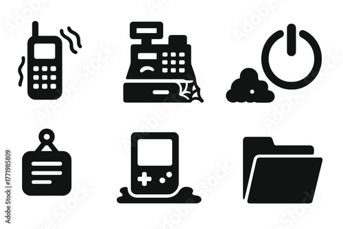 Obsolete Store Icons. Solid style icons of obsolete store technology: Outdated Device, Abandoned Machine, Dust Layer, Power Off